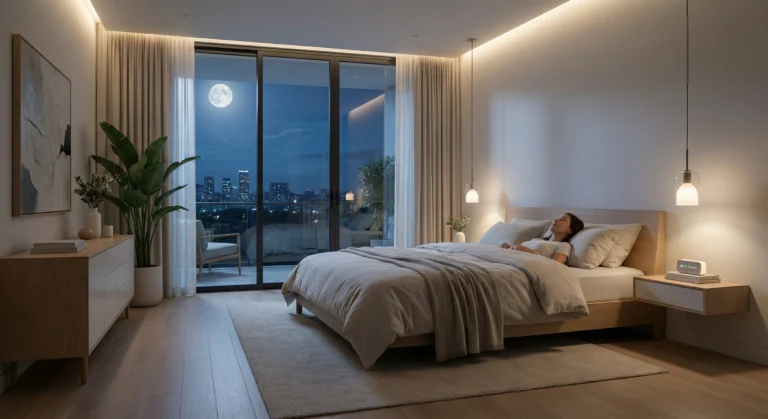 Person lying awake in bed at night because bedroom air feels heavy